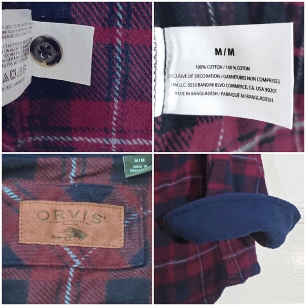 New ORVIS Thick Burgundy + Blue Premium Plaid Flannel Over Shirt - Picture 15 of 15